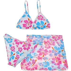 COOLOYA Girl's 3 Piece Set Floral Print Bikini Bathing Swimsuit with Beach Skirt 11-12Y