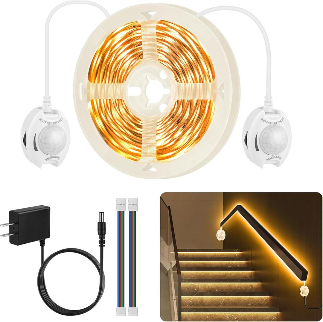 Under Bed Lights Dual Motion Sensor Light Indoor, 19.69Ft Warm White Motion Activated LED Strip Lights Two End Sensor, 12V Dimmable Motion Sensor LED Strip Night Light for Bedside Cabinet Stair Closet