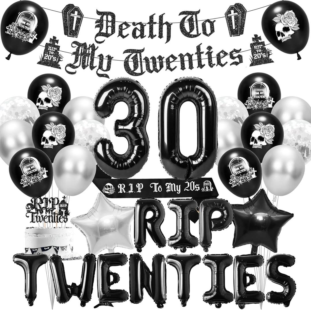 Death to My 20s Decorations, Rip to My 20s Birthday Decorations Party Supplies Set with Banner Sash Cake Topper Balloons, 30th Birthday Gothic Theme Party Decor for Women Men