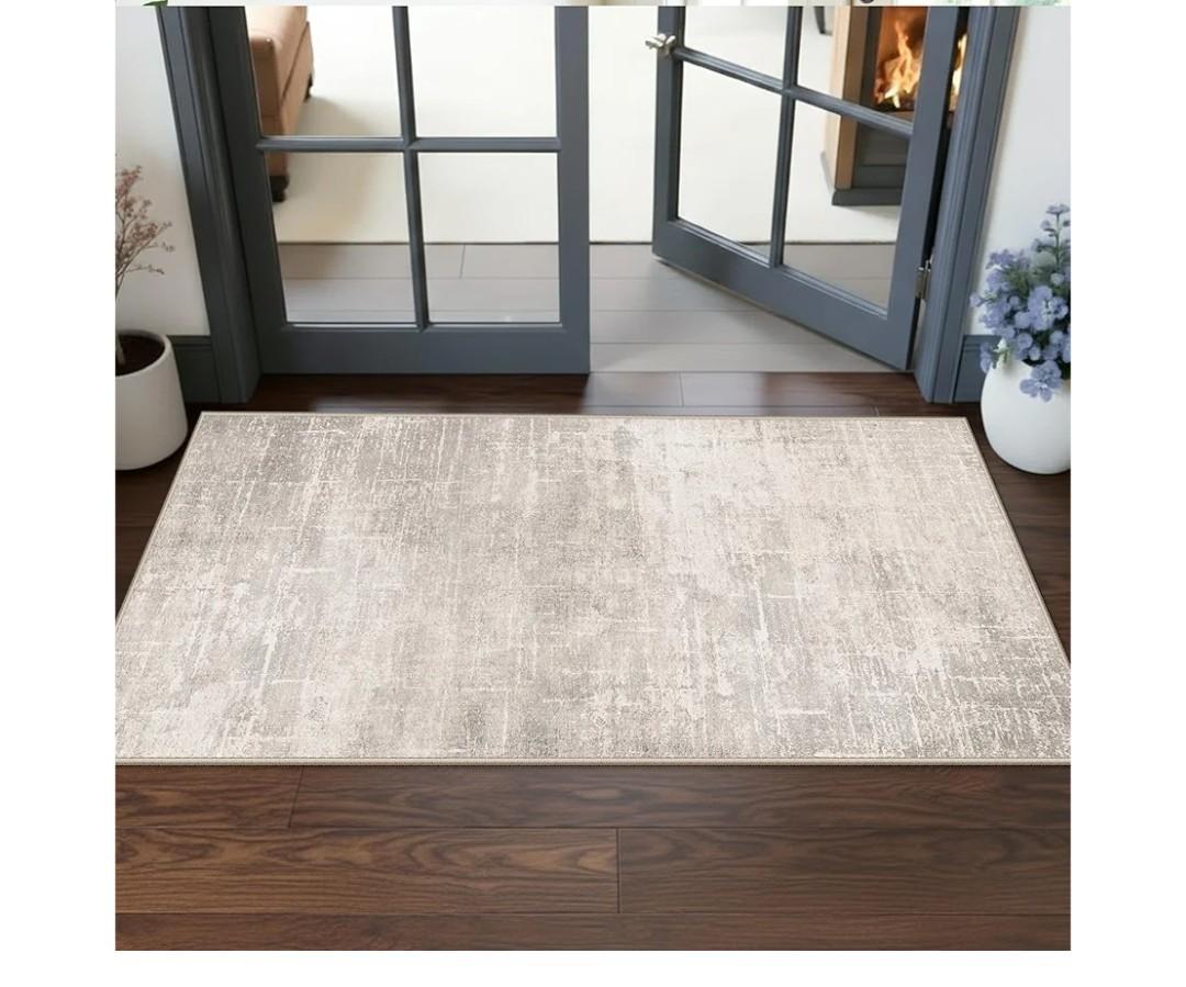 Washable 2x5 Kitchen Runner Rug: Abstract Water Resistant Sink Stove Entryway Rug Soft Living Room Bedroom Beside Carpet Thin Low Pile Non-Slip Hallway Bathroom Laundry Room Floor Mat(2X5,Beige/Cream