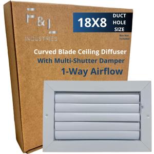 Curved Blade Ceiling Diffuser with Multi-Shutter Damper | Adjustable Airflow Control | Durable Aluminum Design | Easy Installation for HVAC Systems (18"x8" 1-Way Airflow Direction)