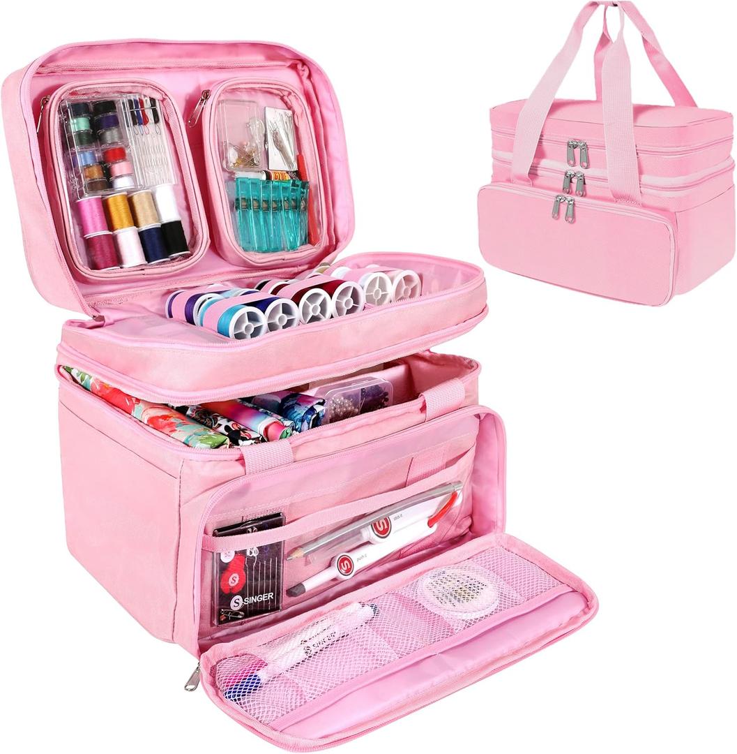 SINGER Sewing Accessories Organizer (Bag Only)  Double Layer Portable Sewing Storage Bag | 2 Detachable Pouches and 18 Compartments, Large Sewing Supplies & Crafting Carry-all (Pink)