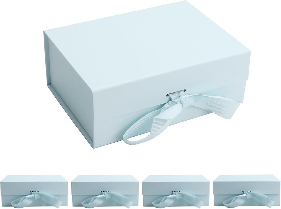 kaxilu Light Blue Gift Boxes with Ribbon Foldable Gift Boxes Set of 5 Magnetic Gift Boxes for Presentations and Groomsmen Proposal, Glossy Finish,8.7x6.5x3.5 Inches