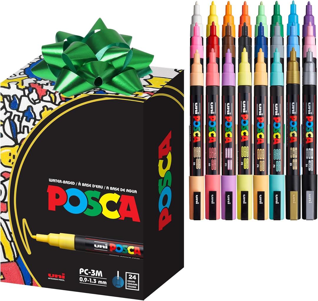 posca Paint Markers, 3M Fine Acrylic Markers with Reversible Tips, Art Supplies For Gifts, Decorations, Fabric, Metal, Glass, and Canvas, Assorted Colors, Set of 24