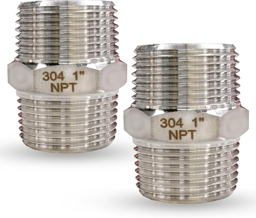 1" Male Hex Nipple Pipe Fittings, 304 Stainless Steel 1 inch NPT Threaded Pipe Adapter Fittings Equal Nipples Connectors, Male Straight Connector Pipe Fitting (2pcs)