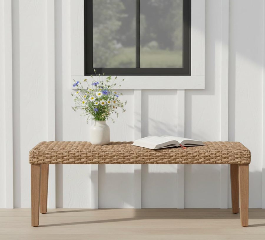 Outdoor Rattan Backless Bench, All-Weather Wicker & Solid Acacia Wood, Upholstered Premium Garden Bench with Woven Rattan Seat and Thick Outdoor Cushion for Patio, Porch, Living Room or Entryway
