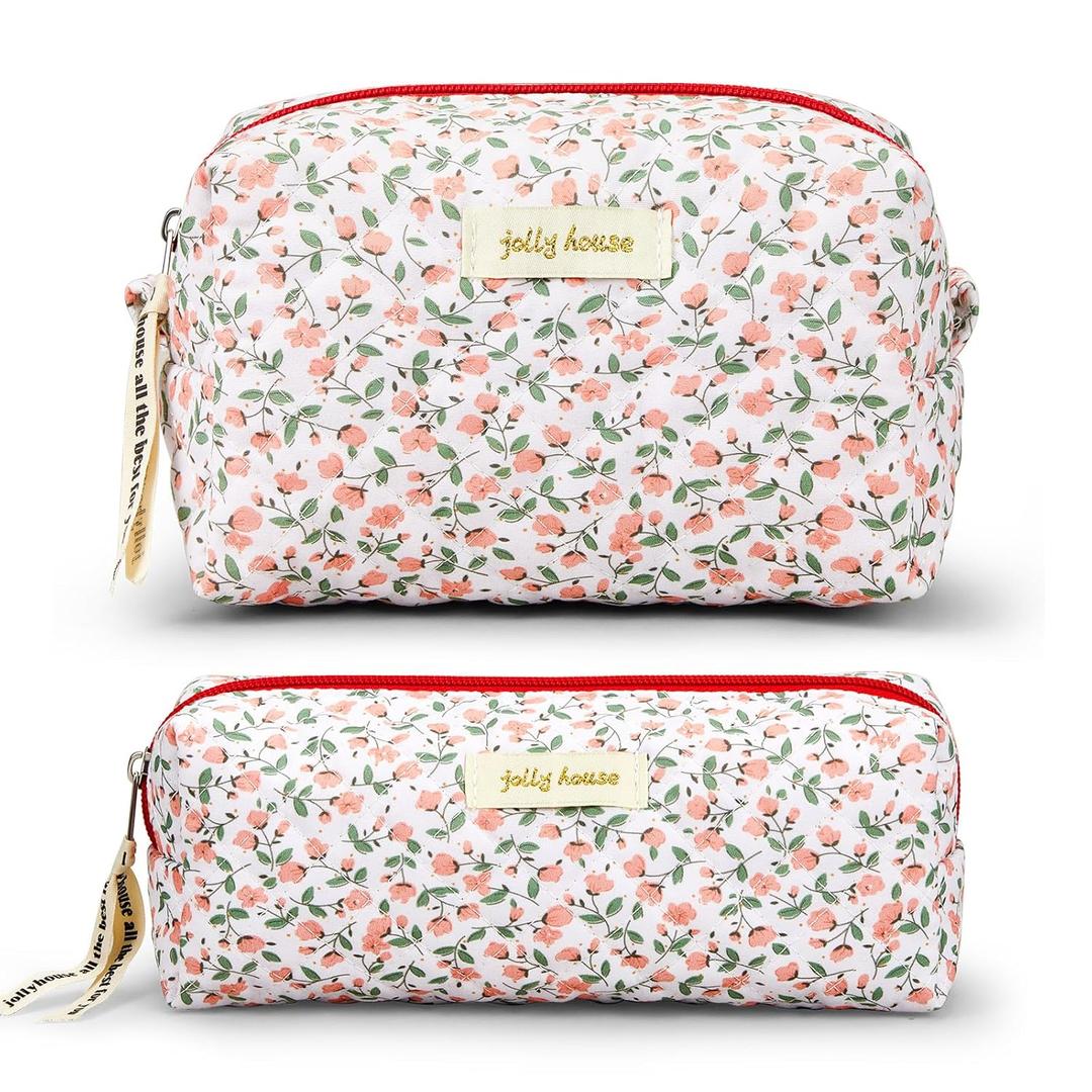Zeyune 2 Pcs Quilted Makeup Bag Cotton Floral Aesthetic Makeup Pouch Gifts Travel Cosmetic Bag Flower Cute Brush Case Toiletry Pouch for Women Cosmetics Storage (Pink,Classic Style)