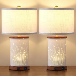 EOEYYOYB Set of 2 Ceramic Table Lamps with 3 Color Temperatures, Nightstand Table Lamps with AC Outlet, USB A & C Charging Port, Bedside Lamps for Living Room, Bedroom, Office Reading, Walnut