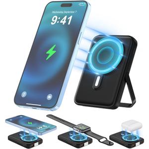 Wireless Portable Charger,3-in-1 Magnetic Power Bank 10000mAh with LED Display,22.5W Fast Charging Mag-Safe Battery Pack, Compatible with iPhone 15/14/13/12, Apple Watch Series, Airpods (Black)