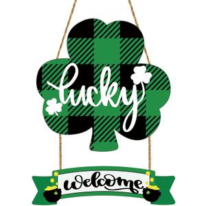St Patricks Day Decorations St Patricks Day Wreath Shamrock Door Decorations Wooden Buffalo Plaid Shamrock Wreaths for Front Door Hanger Lucky Welcome Sign for Porch Wall Indoor Home Decor