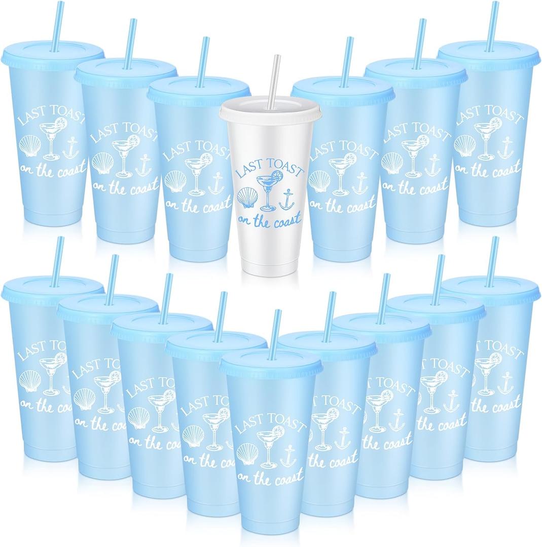 Qinyoung 16 Pcs Last Toast on The Coast Bachelorette Cups 24 oz Last Toast on The Coast Party Cups Bachelorette Plastic Tumblers with Lids and Straws for Bride Bridesmaid Party Supplies Favors Gifts