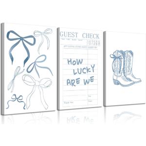 3Pcs Coastal Cowgirl Canvas Wall Art How Lucky Are We Wall Decor Pictures Blue Preppy Coquette Bow Boots Posters Prints Trendy Western Girly Dorm Bedroom Decoration 16x24in