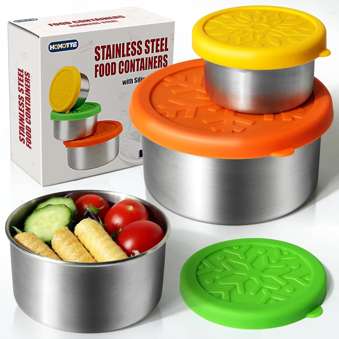 304 Stainless Steel Containers with Lids Small for Lunch Food/Snacks, Leak-Proof and Round Stainless Steel Food Storage Containers for Back to School Kids, 3 Pack Stackable (4oz, 8oz, 14oz) (3 Pack(Orange, Green, Yellow))