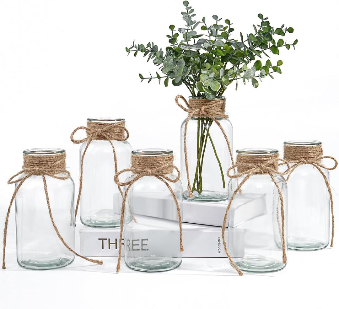 Vintage Glass Vases for Flowers, Set of 6 Clear Vases for Farmhouse Wedding Centerpiece Cylinder Bottle for Reception Table Decoration Home Decor Floral Arrangements