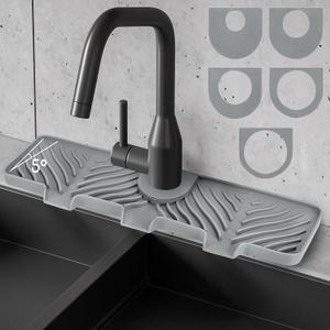 Silicone Faucet Splash Guard - 5Slope Kitchen Sink Splash Guard, 17.8*5.2*0.8 Inch Faucet Mat for Kitchen Sink with 5 Sizes of Rubber Rings, Silicone Sink Mat for Kitchen Bathroom (Light Gray)