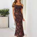 MEROKEETY Women's 2026 Summer Off The Shoulder Spaghetti Strap Floral Mesh Wedding Guest Cocktail Formal Party Maxi Dresses (Brown, M)