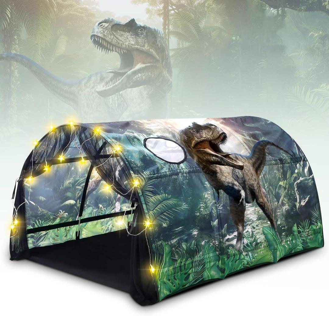 Dinosaur Bed Tent for Kids Large Kids Twin Tent Toddler Play Bed with Carry Bag Foldable with String Lights for Girls Boys Bedroom Indoor Games