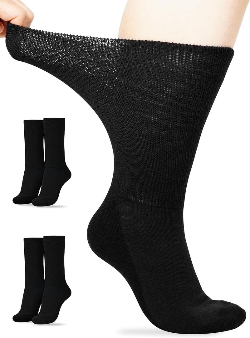Artdear Diabetic Socks for Men & Women - 2 Pairs Non Binding Extra Wide Crew Socks for Swollen Feet Seamless Toe Loose Fit (Large, Black)