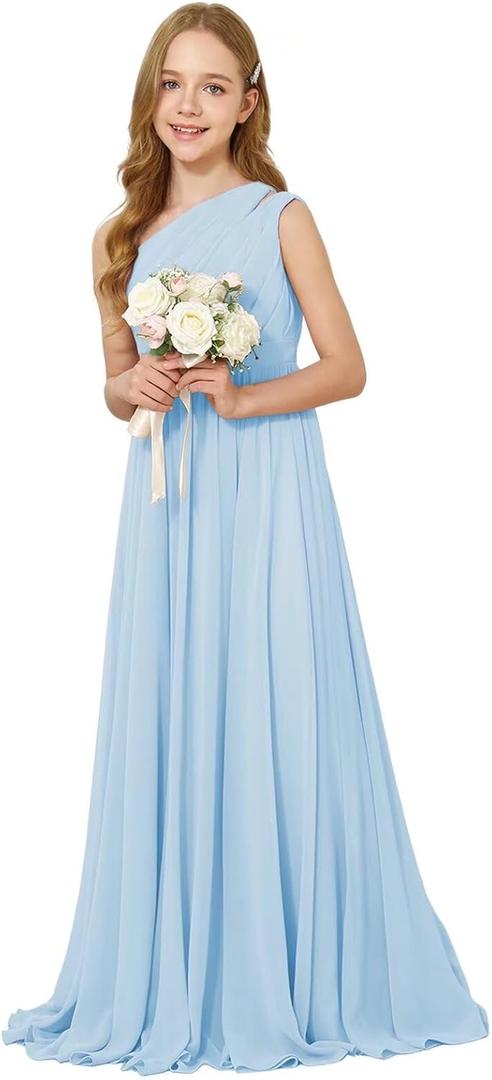 JISISANG One Shoulder Flower Girl Wedding Junior Bridesmaid Chiffon Dresses A Line Sleeveless Princess Dress (14, Light Blue)