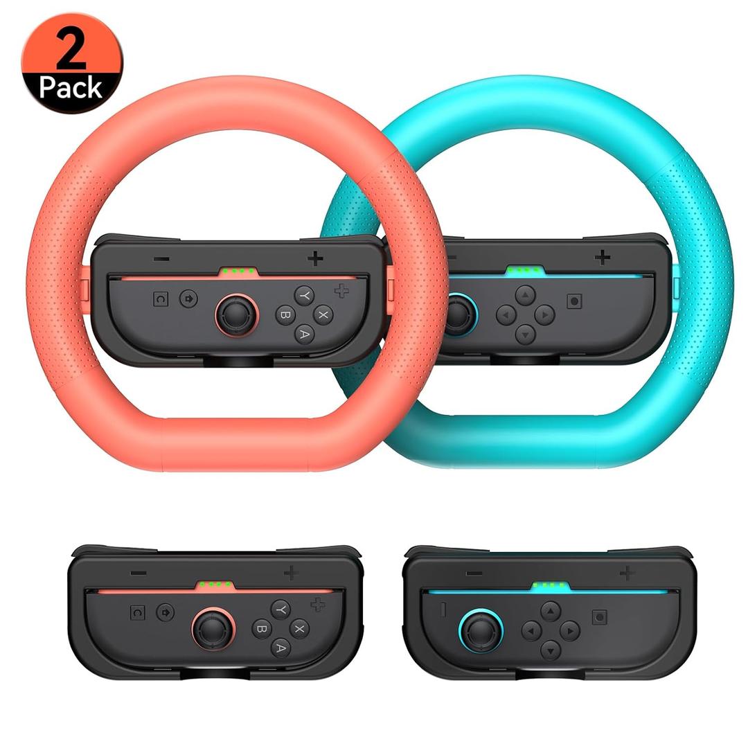 GagaKing 2 Pack Steering Wheels for Nintendo Switch 2 Joy Con(2025), Detachable Controller Racing Wheels for NS2 Mario Kart World/ 8 Deluxe, Comfortable Grip, Family Games Switch 2 Accessories (Blue-Orange)