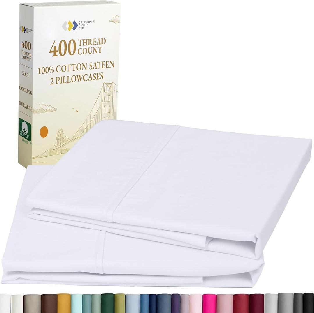 California Design Den King Size Pillowcase Set - 400 Thread Count, 100% Cotton Sateen, Set of 2 Pillow Covers, Soft and Breathable - Bright White