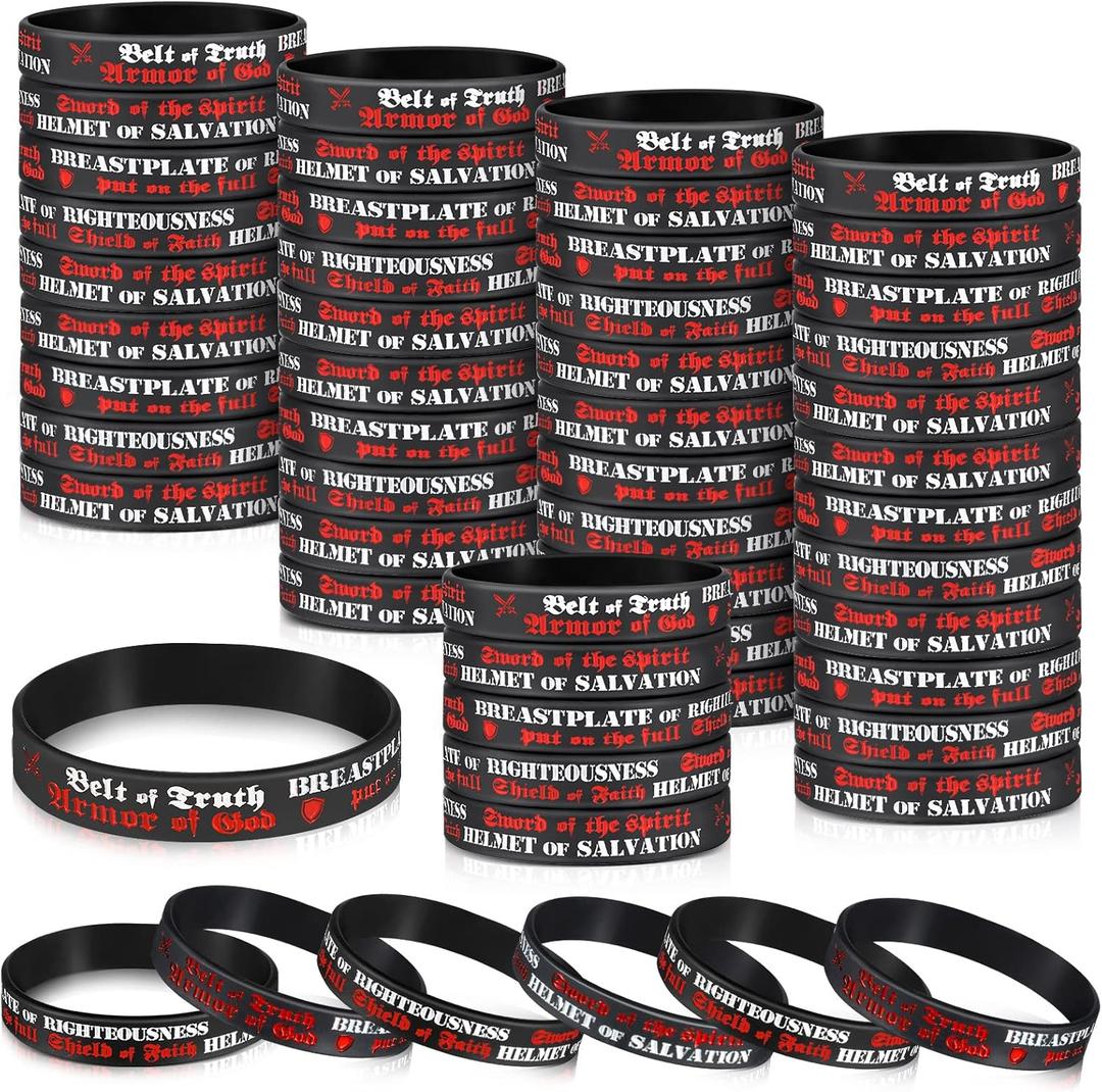 Kathfly 60 Pcs Armor of God Silicone Wristband Bracelets Ephesians 6: 10-18 Rubber Bible Verse Motivational Wrist Bands Inspirational Christian Religious Church Gifts in Bulk for Men Women Teenager