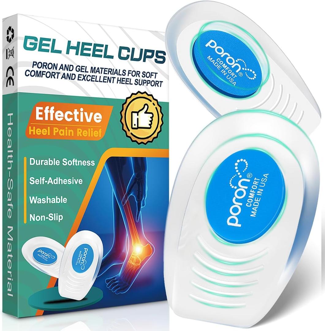 Gel Heel Cushion Inserts, Poron Heel Pads for Shoes, Heel Cups for Heel Pain Relief - Plantar Fasciitis, Achilles Tendonitis, Bone Spur, Size S/M (Men's 4.5-9.5 / Women's 6-10.5), 5mm Thick Poron
