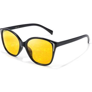 LVIOE Night Vision Driving Glasses for Women Men Anti Glare Polarized Night Time Glasses HD Yellow Lens N7718 (A01 Glossy Black Frame / Night Vision)