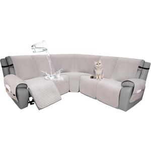 Velvet 1OO% Waterproof Reclining Sectional Couch Covers for Sectional Sofa L Shape 7-Piece Quilted Corner Recliner Sofa Cover Slipcovers Set Washable (5 Seater, Light Grey)