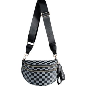 Spacious Checkered Nylon Crossbody Bag Bum Bag Checkered Handbags Wallets for Women (Black Grey Checkered)