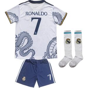 Madrid Ronaldo No #7 Special Dragon Edition Kids Soccer Jersey Kit Shorts Socks Set Youth Sizes (26, White)