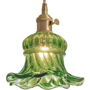 ZAUKNYA Pendant Lights Kitchen Island, Green Flower Glass Gold Brass Vintage Adjustable Small Hanging Pendant Lighting Fixtures for Kitchen Island Dining Room Bedroom Hallway (Green)