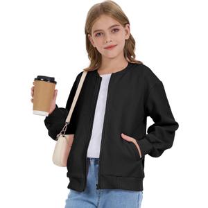 Girls Bomber Jackets Lightweight Zip Up Fashion Kids Cute Jacquard Coats Fall Varsity Outwear Clothes (Black, 13-14Y)