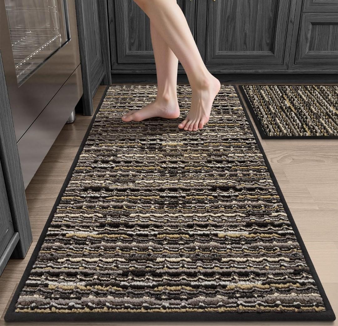 Kitchen Rugs Sets of 2-Non Slip Kitchen Mats for Floor-Thick Stain Resistant Vintage Kitchen Floor Mat Runner Carpet for Hallways Entryway Laundry Room Washable（Black 20"x47"+20"x32"）