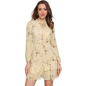 Allegra K Women's Fall Dresses 2025 Tie V Neck Semi Sheer Long Sleeve Layered Tiered Chiffon Mini Floral Dress M