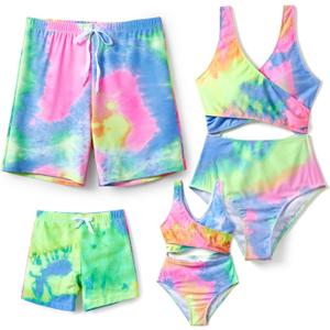 PATPAT Family Matching Swimsuits Swimwear: Mommy and Me Striped Spliced One-Piece Matching Swimsuits Set (2T, Colorful Tie-dye)