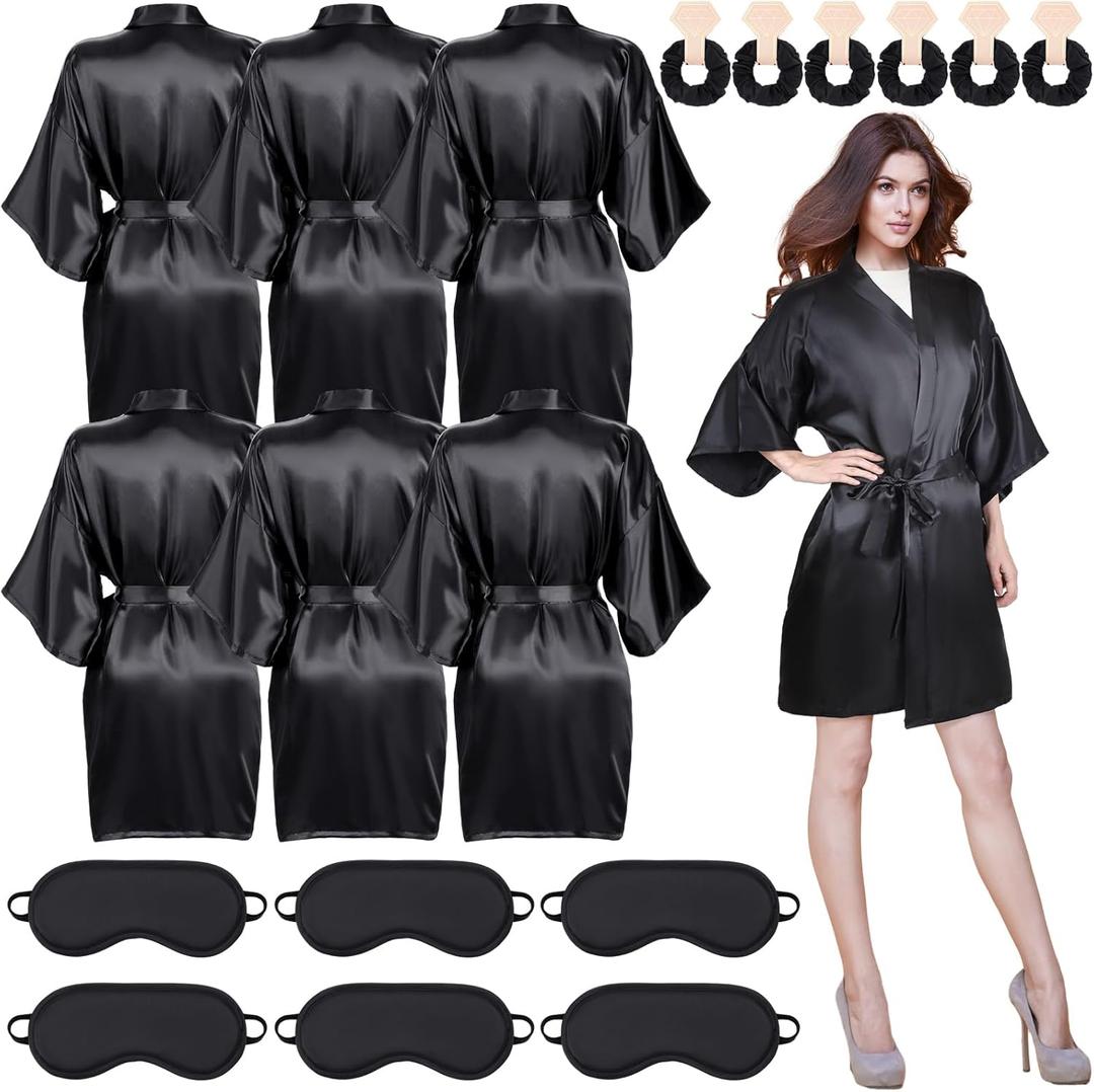 Xtinmee 18 Bridesmaids Robes for Women Silk Satin Short Black Robe Set Bridal Party Spa Wedding Sleepwear Scrunchies Patch (Medium)