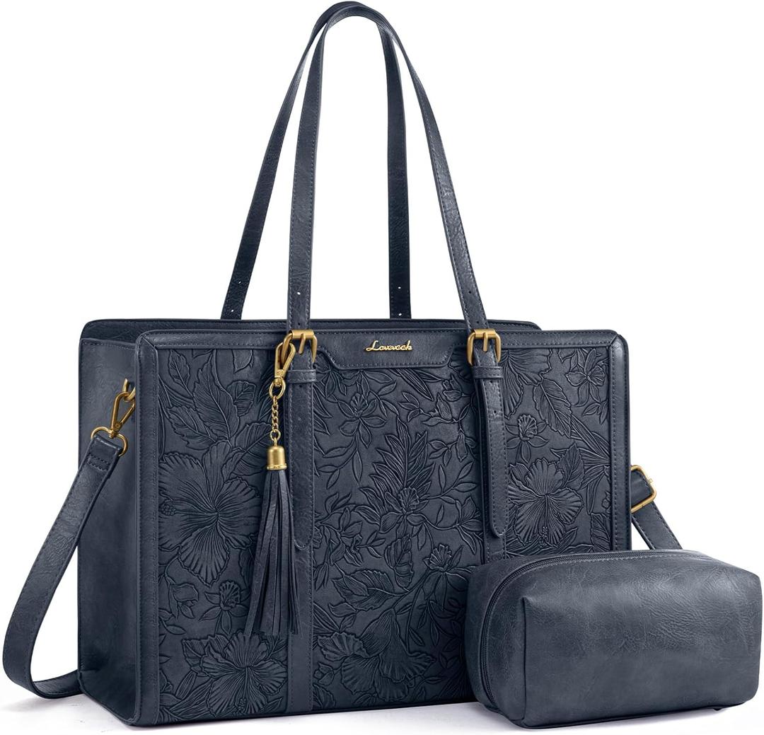 LOVEVOOK Laptop Bag for Women Vintage Leather Work Tote 15.6 inch Large Capacity Computer bag with Clutch Purse for Office, Travel, Casual