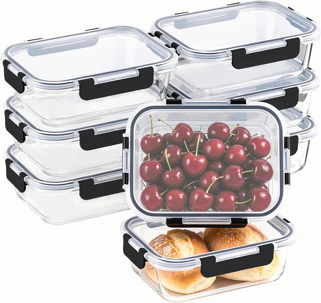8 Pack 36oz Large Glass Meal Prep Containers with lids, Glass Food Storage Containers with Leak Proof Snap Lock Lids , Airtight Bento lunch Boxes, Kitchen Storage, Oven, Freezer and Dishwasher Safe (Black)
