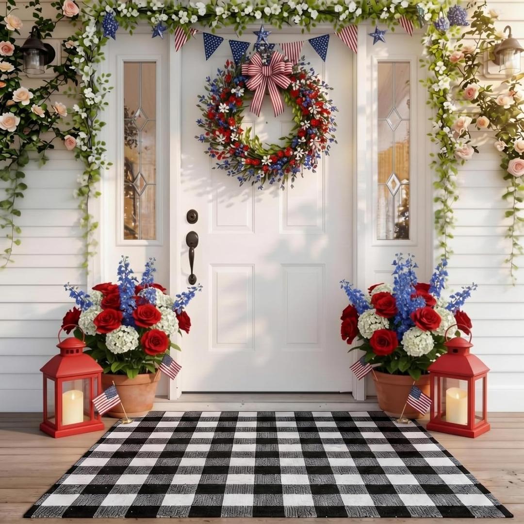 Tinideya 4' x 6' Spring Outdoor Porch Rug Black and White Checkered Buffalo Plaid Outdoor Rug Plastic Straw Front Doormat Deck Waterproof Mat for Outside Indoor Garden Lawn Balcony Porch Spring Decor