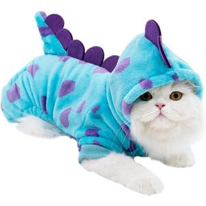 Dinosaur Pet Costume Hooded Jumpsuit for Small Dogs Cats, Soft Flannel Warm Four-Legged Clothing with Leash Hole, Funny Cosplay Outfit for Easter Halloween Christmas (Small, Dinosaur)