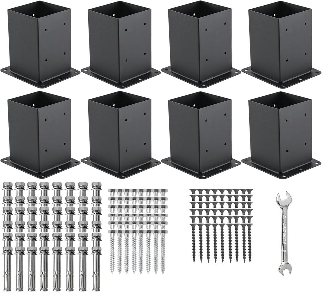 4x4 Post Base 8 Pcs, (Inner Size 3.6x3.6) Post Anchors, 13GA Thick Solid Steel & Black Powder Coated,Deck Post Brackets Support Deck Base Plate Pergola Brackets Fence Kit Mailbox Mount