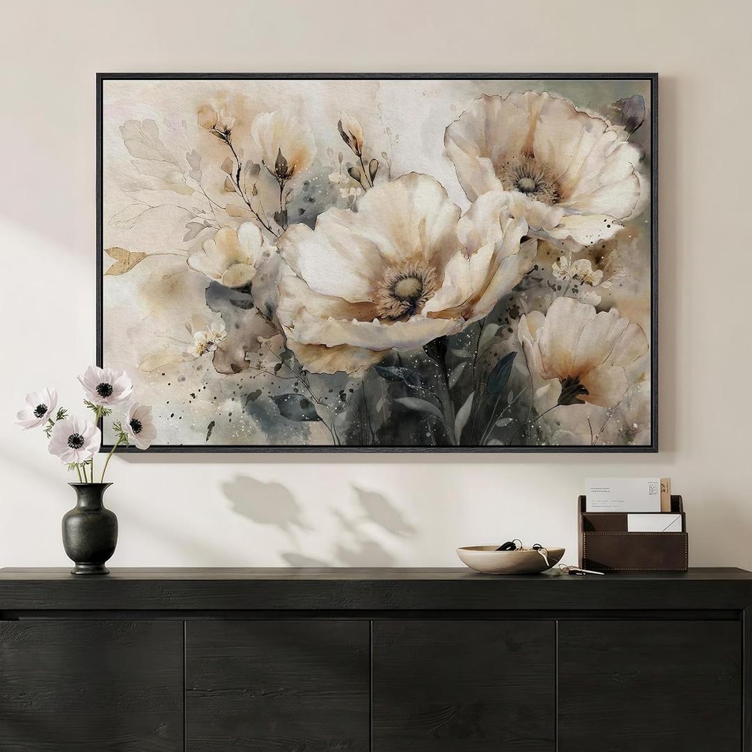 Framed Neutral Floral Wall Art for Modern Farmhouse Living Room, 24x36 In