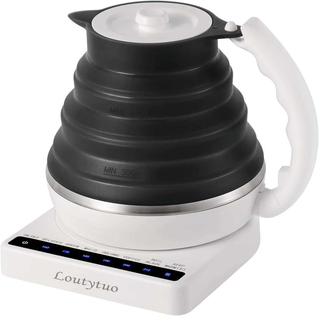 Ultrathin Food Grade Silicone Travel Foldable Electric Kettle Variable Temperature Control with Dual Voltage, Auto Shutoff & Boil Dry Protection & Keep Warm, 555ML 110-220V US Plug (Black)