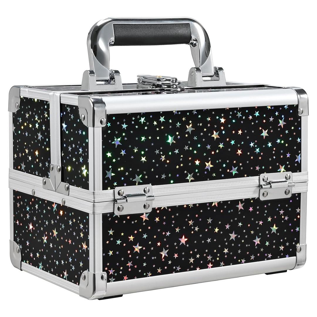Joligrace Makeup Train Case Portable Cosmetic Box 2 Trays with Mirror Lockable for Makeup Nail Tech and Beauticians Traveling Makeup Storage Organizer - Black Star