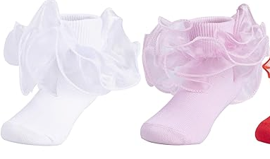 Dicry Baby Girls Double Lace Turn Cuff Socks with Big Ruffle for Infant Toddlers and Kids (6-8 Years, White, Pink- 2 Pairs)