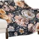 Throw Blankets Vintage Floral Roses, Peonies and Daisies Soft Cozy Microfiber Throw Blanket Vintage Style Black Background Blanket Set 4 Pcs (Queen,7)