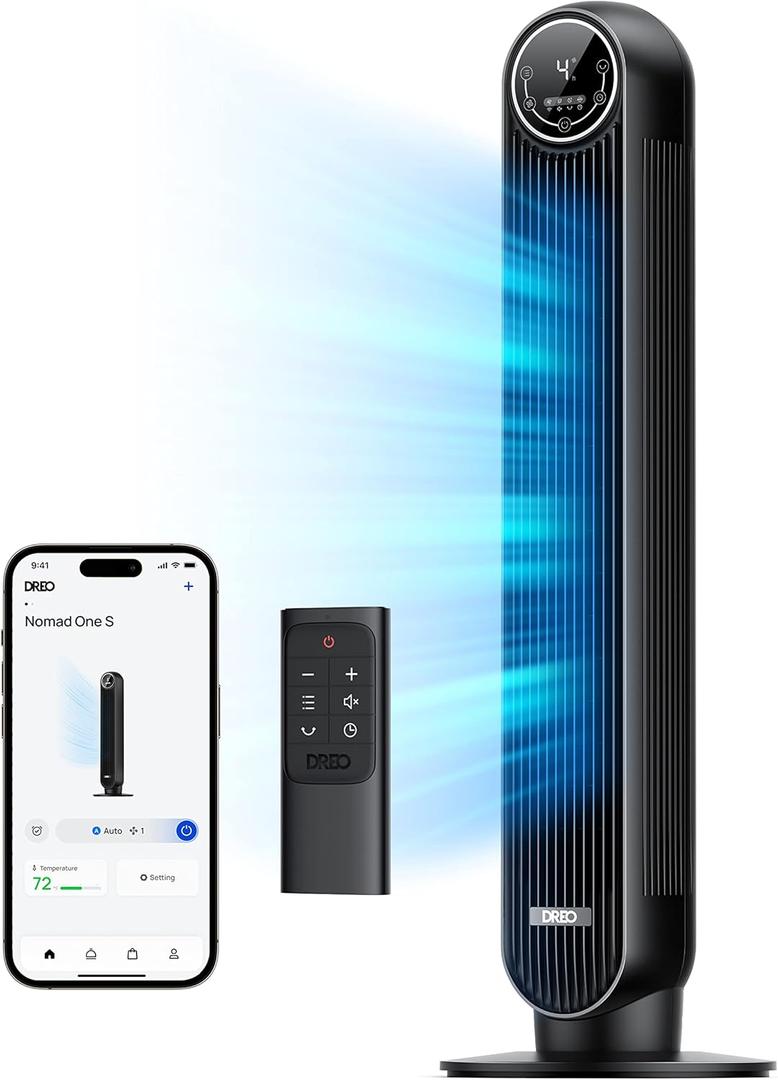 Dreo Tower Fan for Bedroom, Smart Oscillating Quiet Floor Fans, Standing Bladeless Fan with Remote and WiFi Voice Control, 4 Modes, 4 Speeds, 8H Timer, 28dB, Works with Alexa/Google (Black)