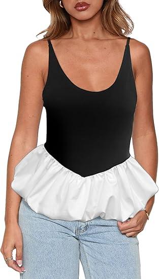 GGYKL Women's Scoop Neck Spaghetti Strap Tank Top Sleeveless Babydoll Peplum Top Bubble Hem Ruffle Shirt Going Out Camisole Black and White, Medium