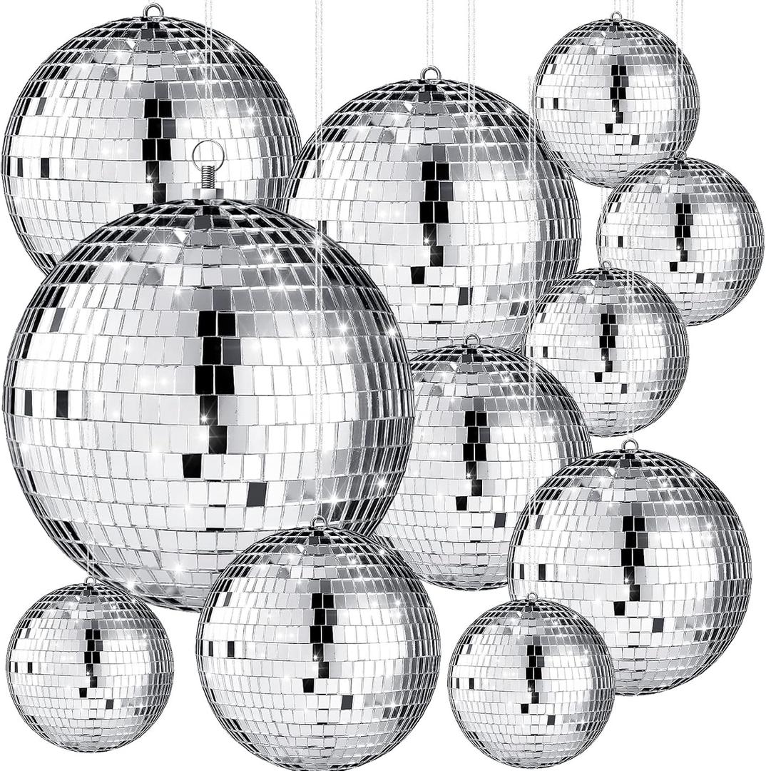 Libima 12 Pack Bulk Large Disco Ball Decorations, Silver Mirror Hanging Disco Balls Ornaments for Christmas Tree, Mothers Day, 70s 80s Party, Wedding, Prom, DIY Decor(8'', 6'', 4'', 3'')